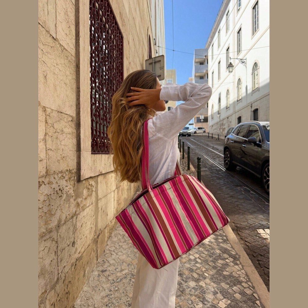 Pink Cream Striped Zip Top Canvas Tote Bag